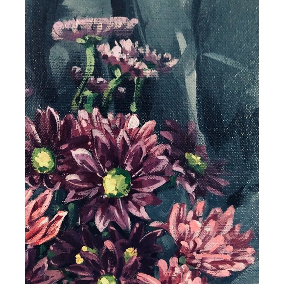 Floral Still Life Skull 20x24 Acrylic on Linen In Wood Mid century Modern Frame - Picture 3 of 7